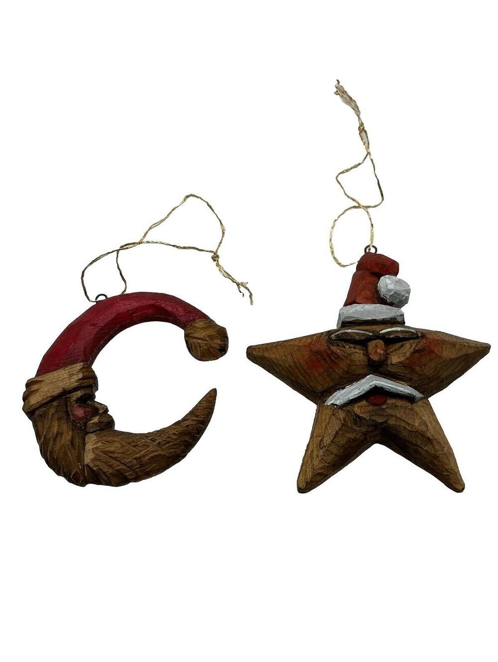 Artisan Wooden Hand carved Christmas Ornament Lot of 2 Santa Moon Star Signed